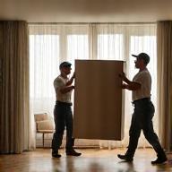 Deux déménageurs transportant une armoire dans un appartement moderne